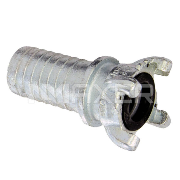 Acople Chicago 4 garras con clip de seguridad, Acero Zincado, espiga manguera 1-1/4″